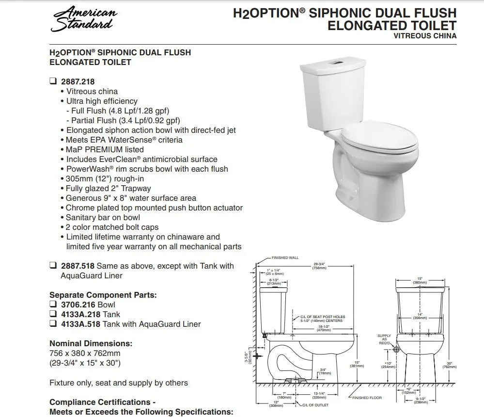 American Standard H2Option 1.28 Lined Elongated Toilet Less Seat - Plumbing Market