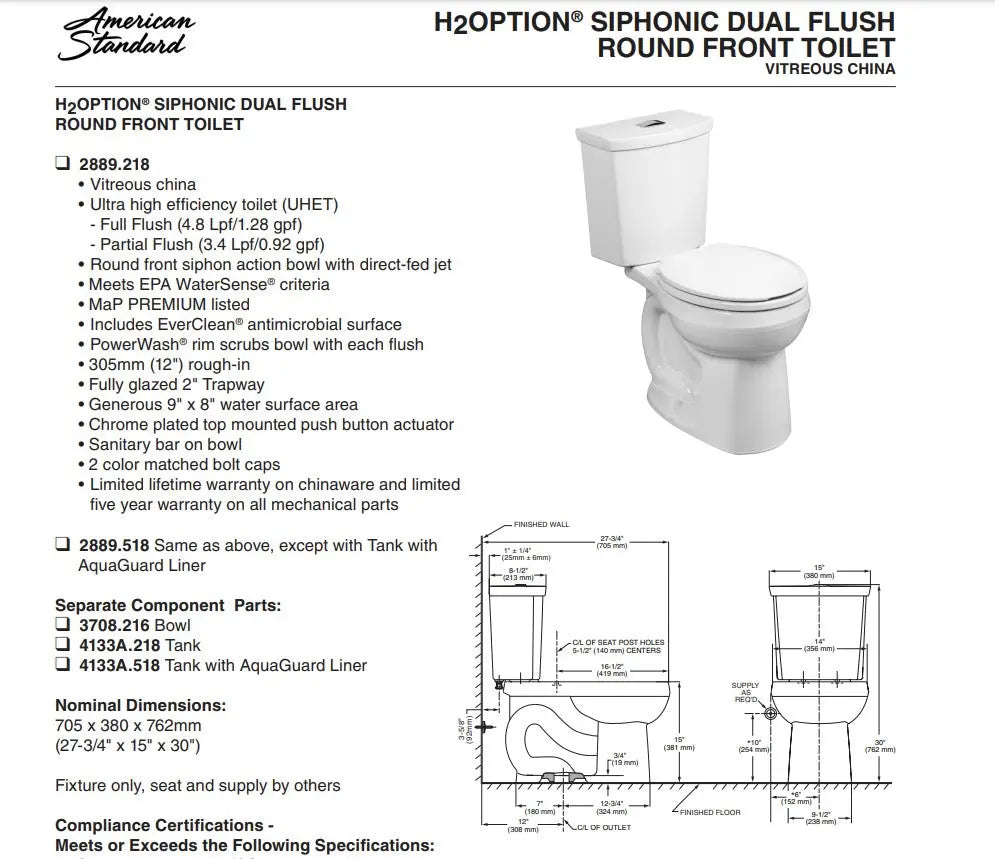 American Standard H2Option 1.28 Round Front Lined Toilet Less Seat - Plumbing Market