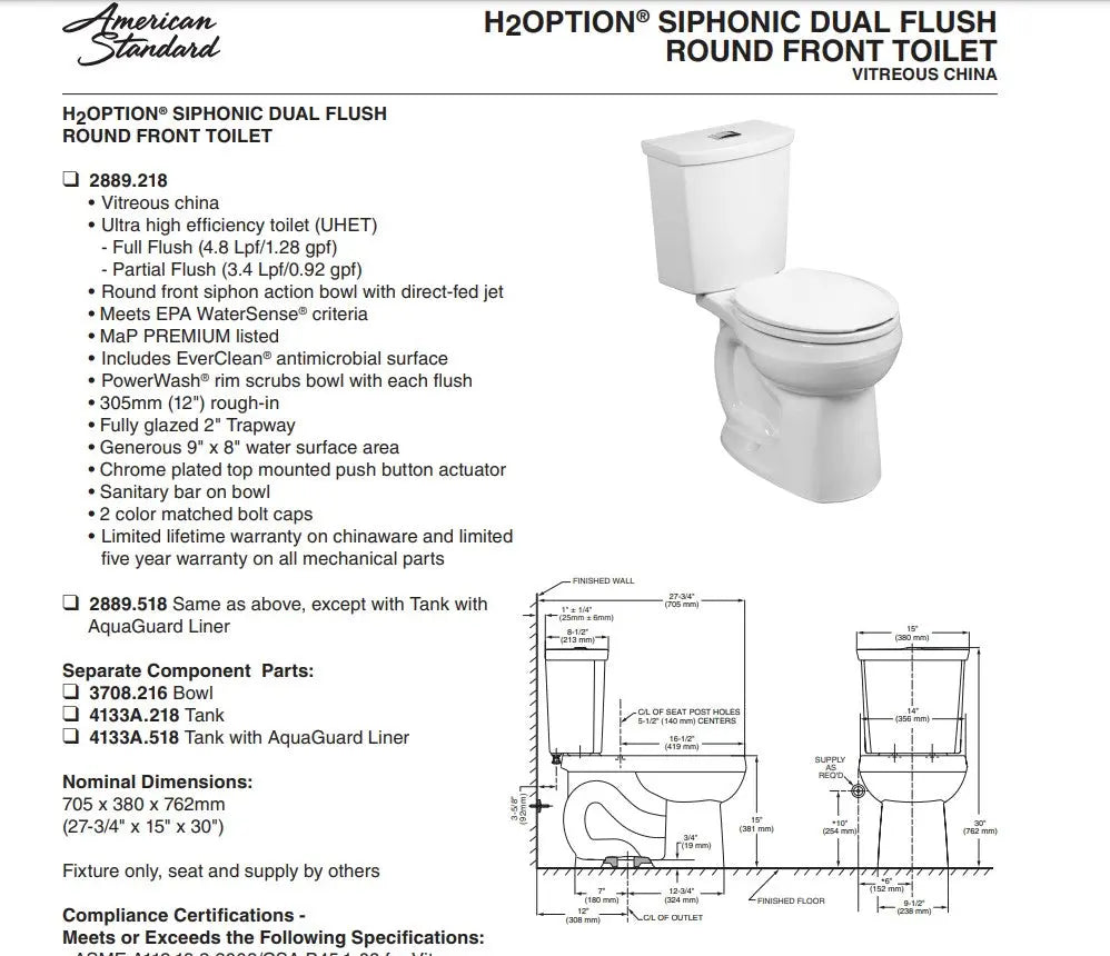 American Standard H2Option 1.28 Round Front Toilet Less Seat - Plumbing Market