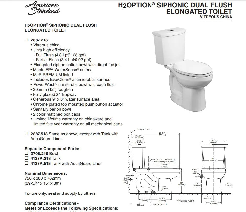 American Standard H2Option 1.28 gpf Elongated Toilet Less Seat - Plumbing Market