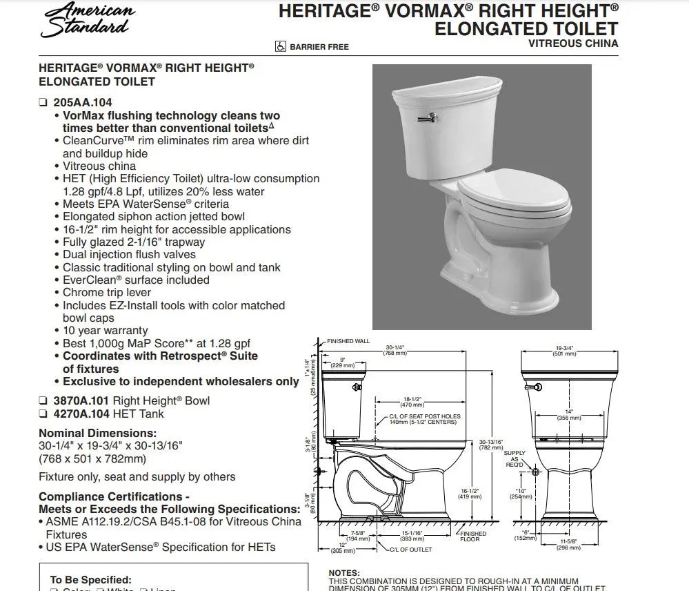 American Standard Heritage VorMax 1.28 Elongated Toilet less Seat - Plumbing Market