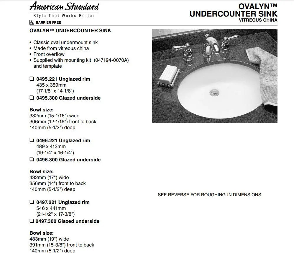 American Standard Ovalyn Medium Under Counter Sink - Plumbing Market