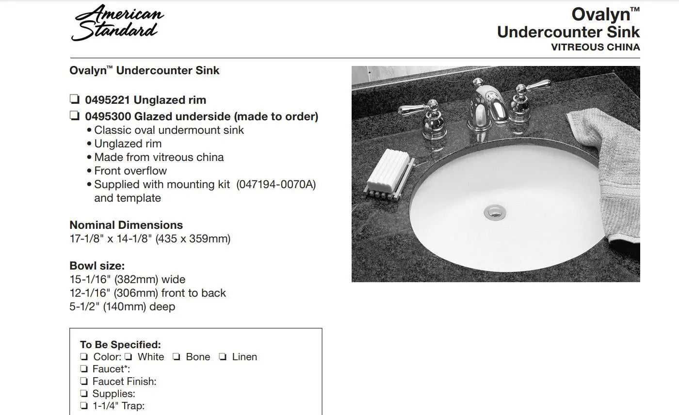 American Standard Ovalyn Small Under Counter Sink - Plumbing Market