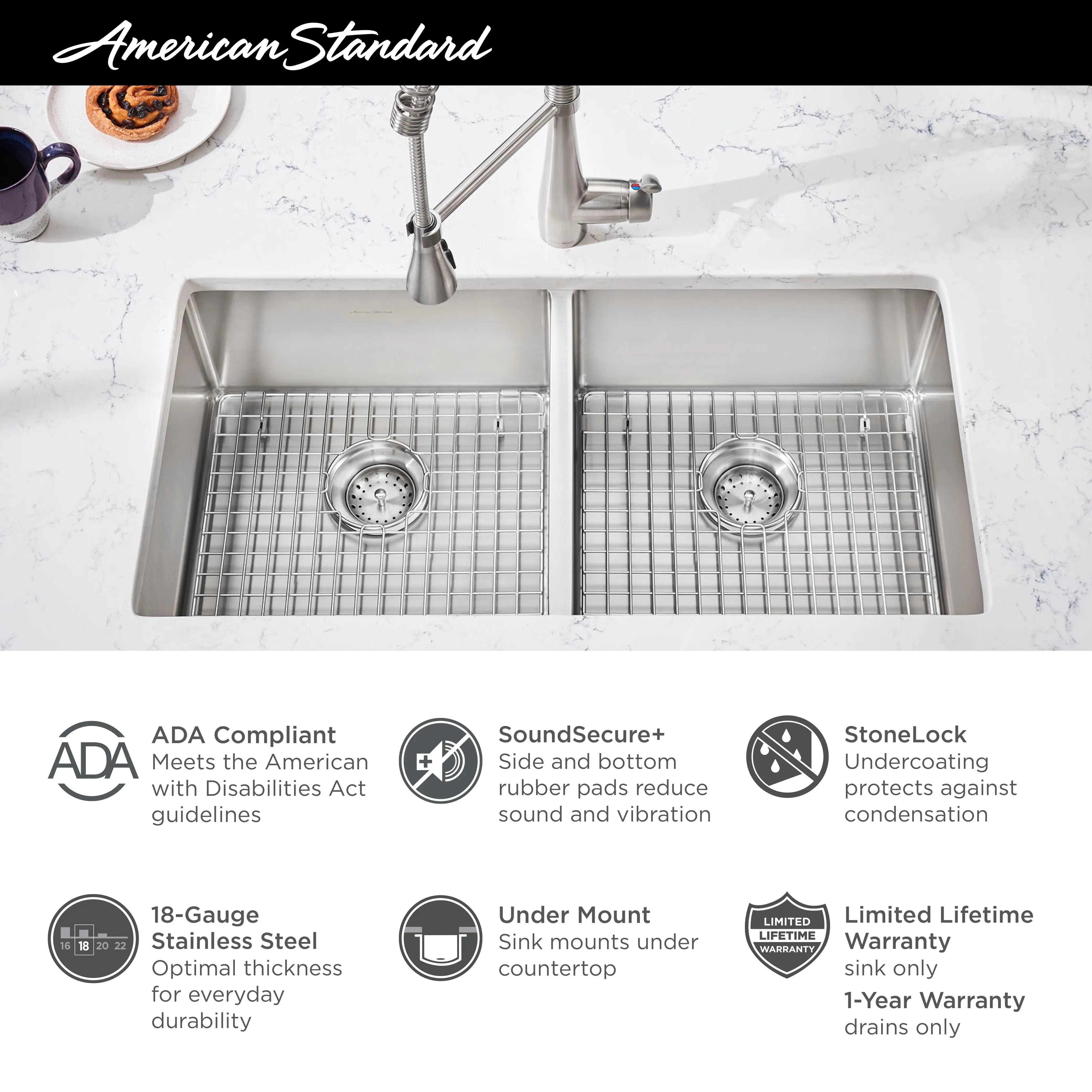 American Standard Pekoe 29 x 18-Inch Stainless Steel Undermount Double Bowl ADA Kitchen Sink 18DB6291800.075 - Plumbing Market