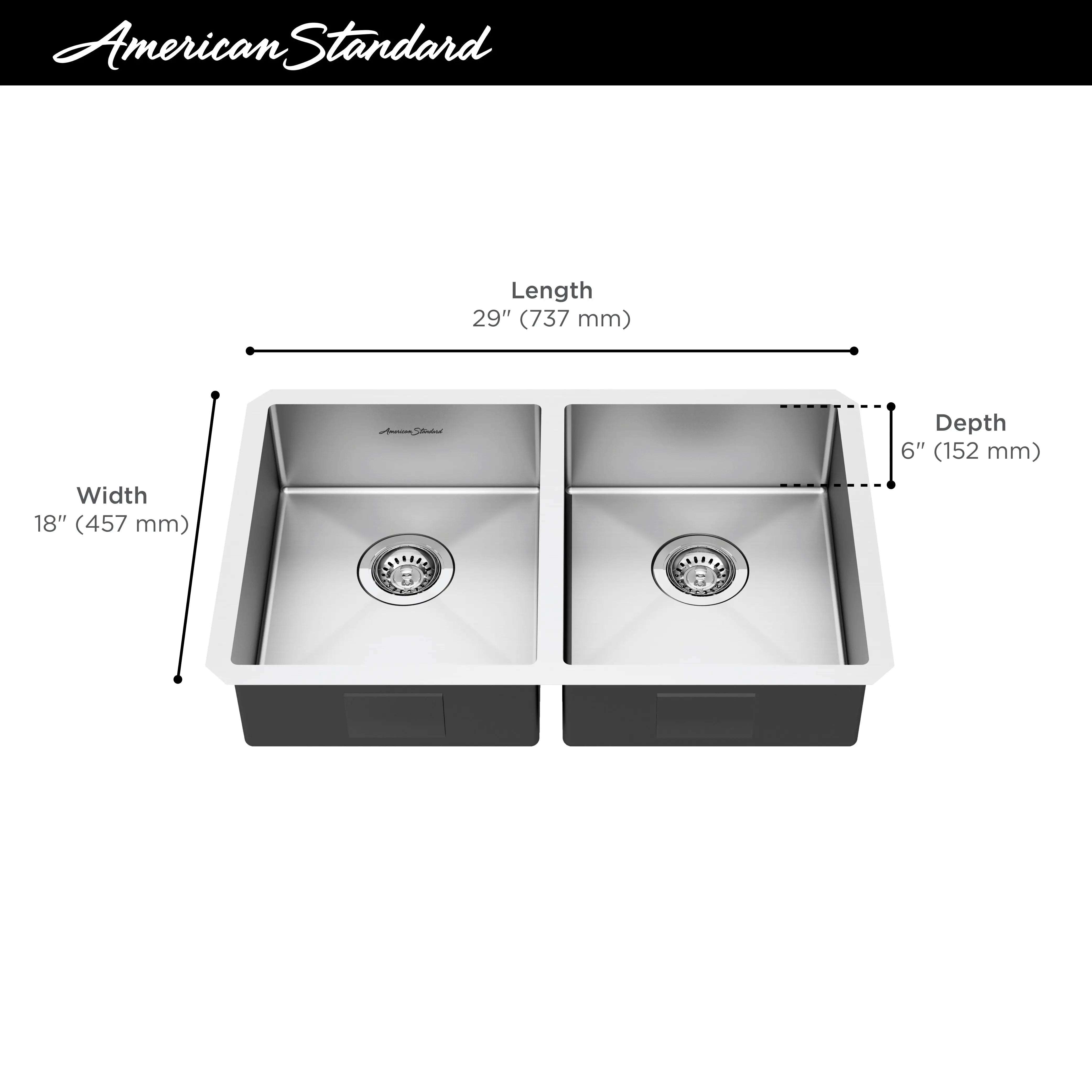 American Standard Pekoe 29 x 18-Inch Stainless Steel Undermount Double Bowl ADA Kitchen Sink 18DB6291800.075 - Plumbing Market