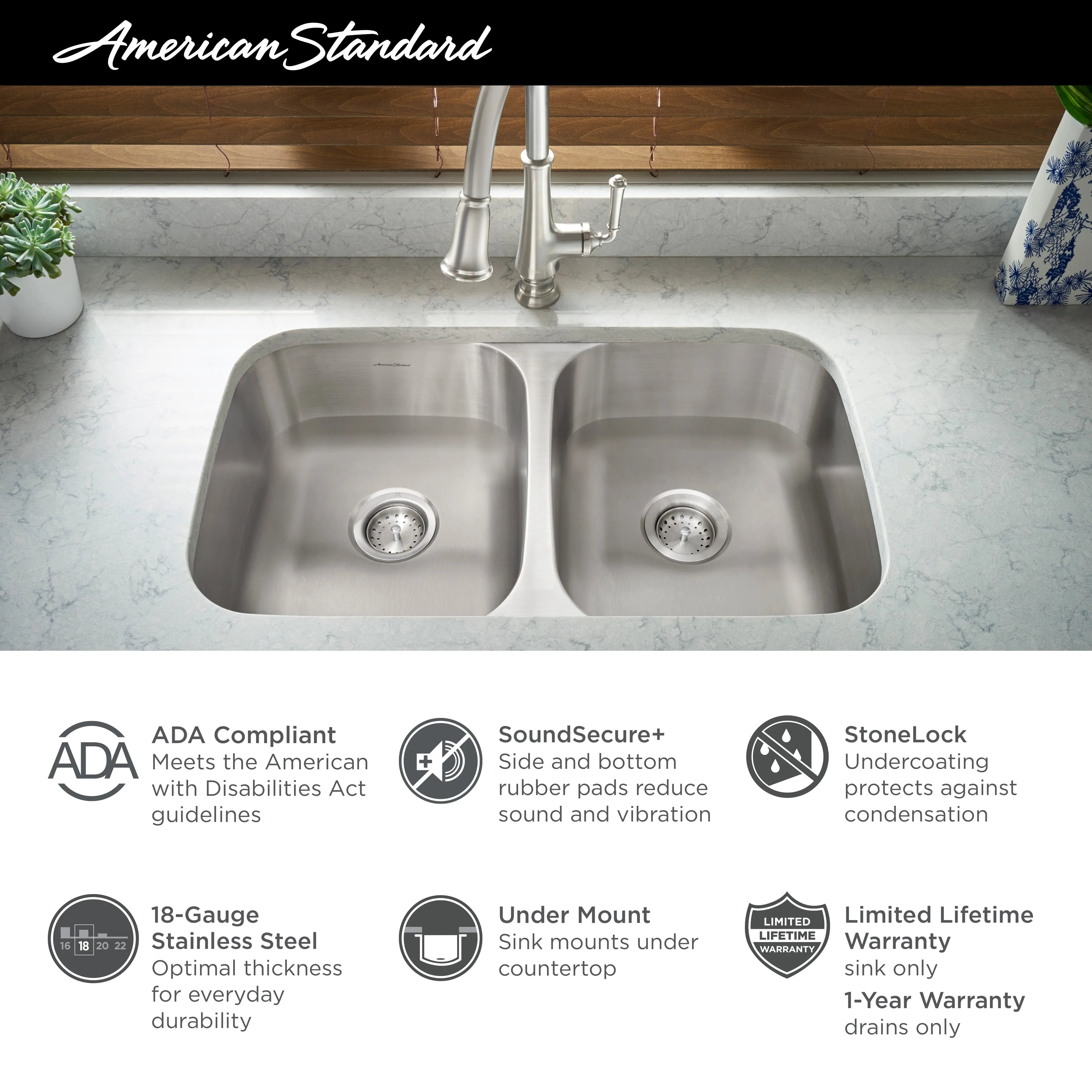 American Standard Portsmouth 32 x 18-Inch Stainless Steel Undermount Double-Bowl ADA Kitchen Sink 18DB6311800S.075 - Plumbing Market