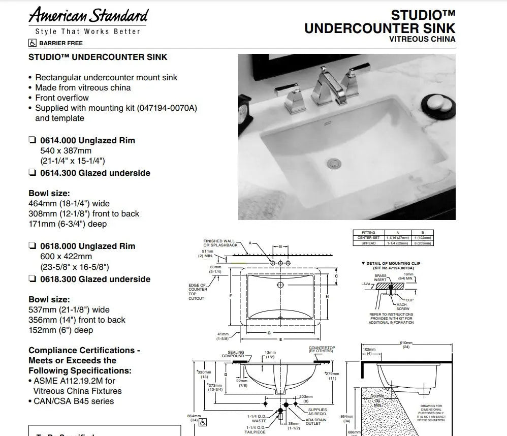 American Standard Rectangular Studio Large Under Counter Sink - Plumbing Market