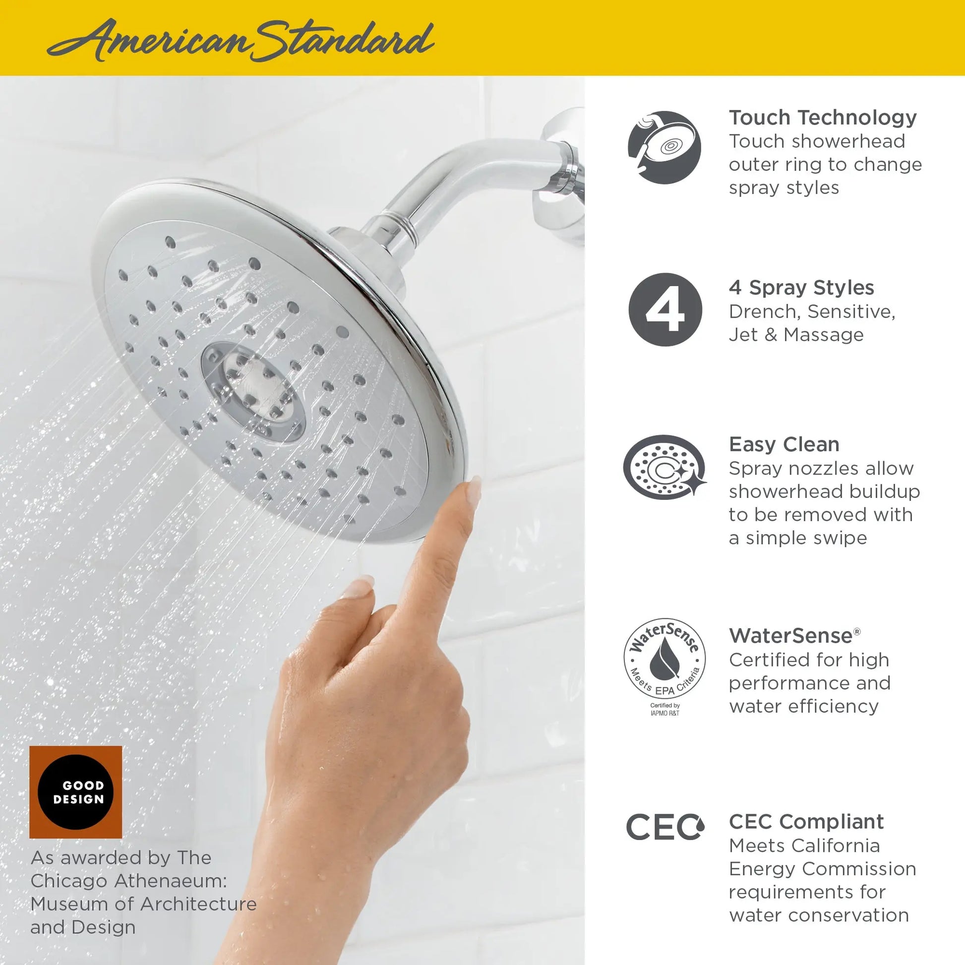 American Standard Spectra Touch 7-Inch 1.8 gpm/6.8 L/min Water-Saving Fixed Showerhead 9038374.295 - Plumbing Market
