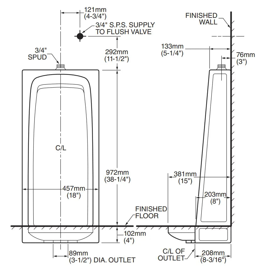 American Standard Stallbrook 0.5 – 1.0 gpf (1.9 – 3.8 Lpf) Top Spud Urinal White - Plumbing Market