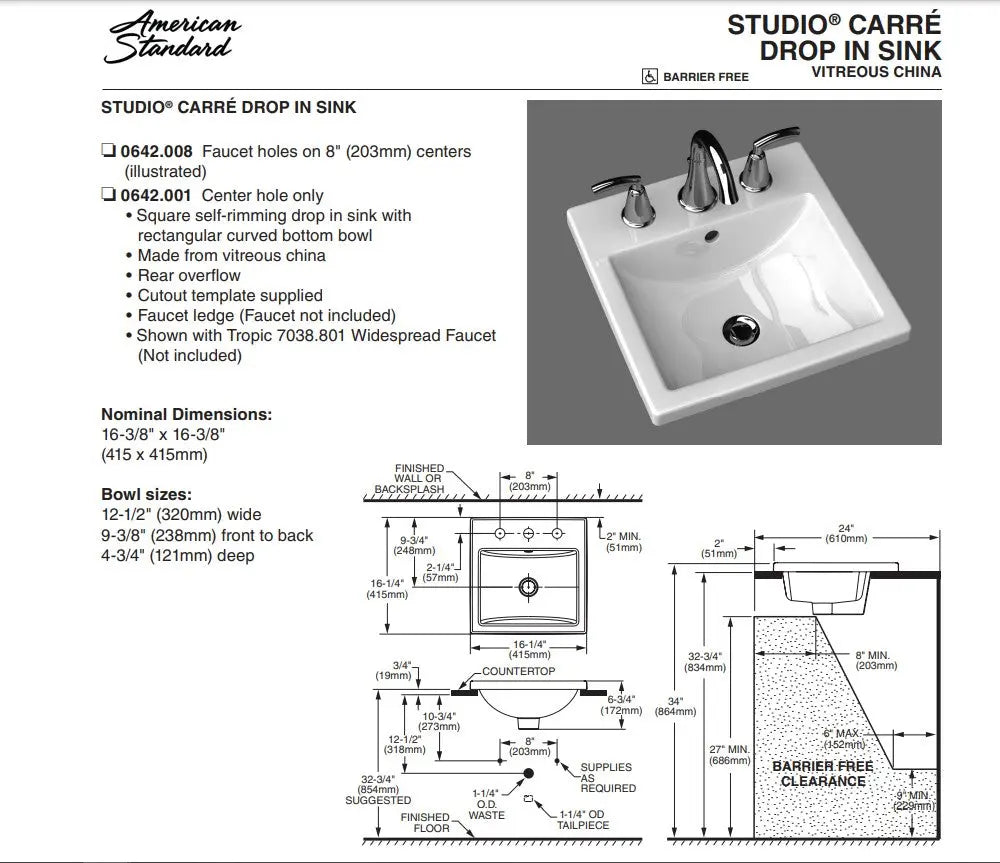 American Standard Studio Carre Drop-In Sink With Center Hole Only - Plumbing Market