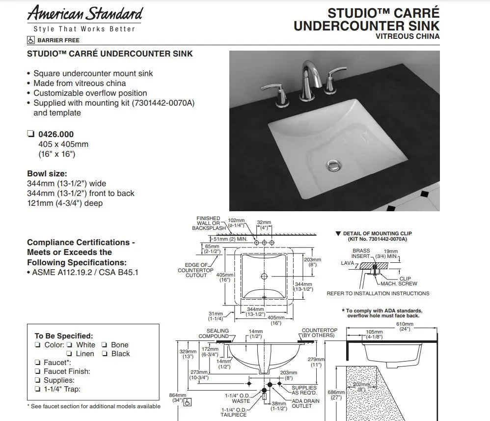 American Standard Studio Carre Under Counter Sink - Plumbing Market