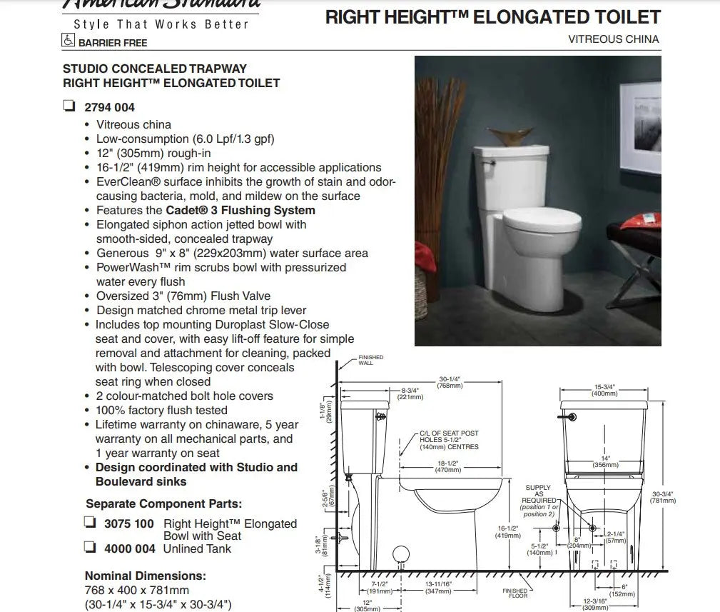 American Standard Studio Concealed 1.6 Elongated Toilet with Seat - Plumbing Market