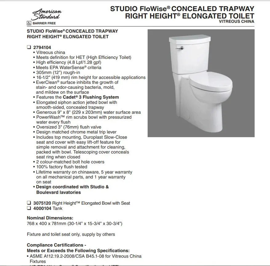 American Standard Studio Concealed Elongated Toilet with Seat - Plumbing Market