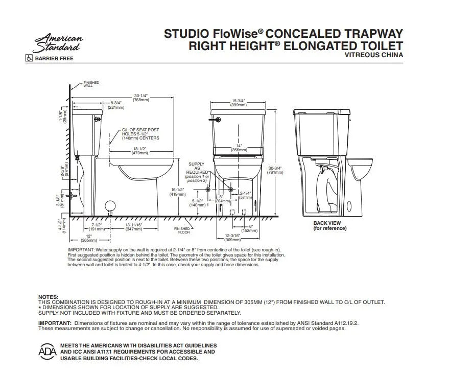 American Standard Studio Concealed Elongated Toilet with Seat - Plumbing Market