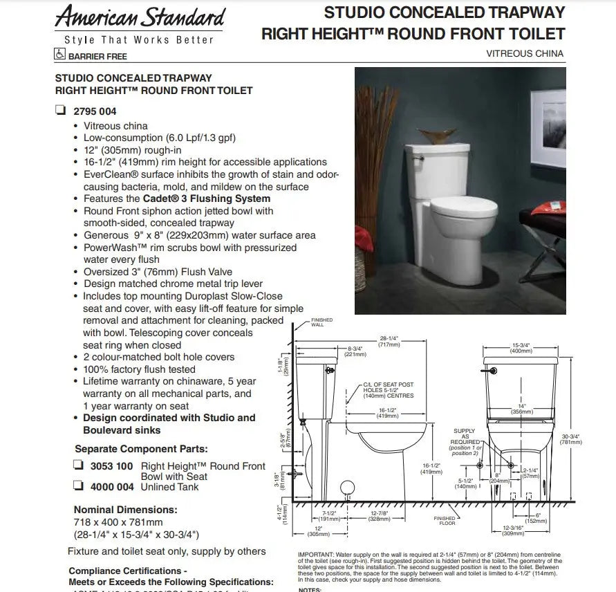 American Standard Studio Concealed Round Front Toilet with Seat - Plumbing Market