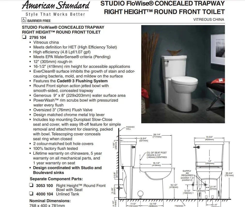American Standard Studio Concealed Round Front Toilet with Seat - Plumbing Market