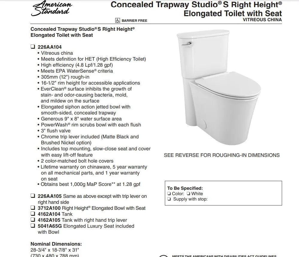 American Standard Studio S 1.28 gpf Elongated Toilet With Seat - Plumbing Market