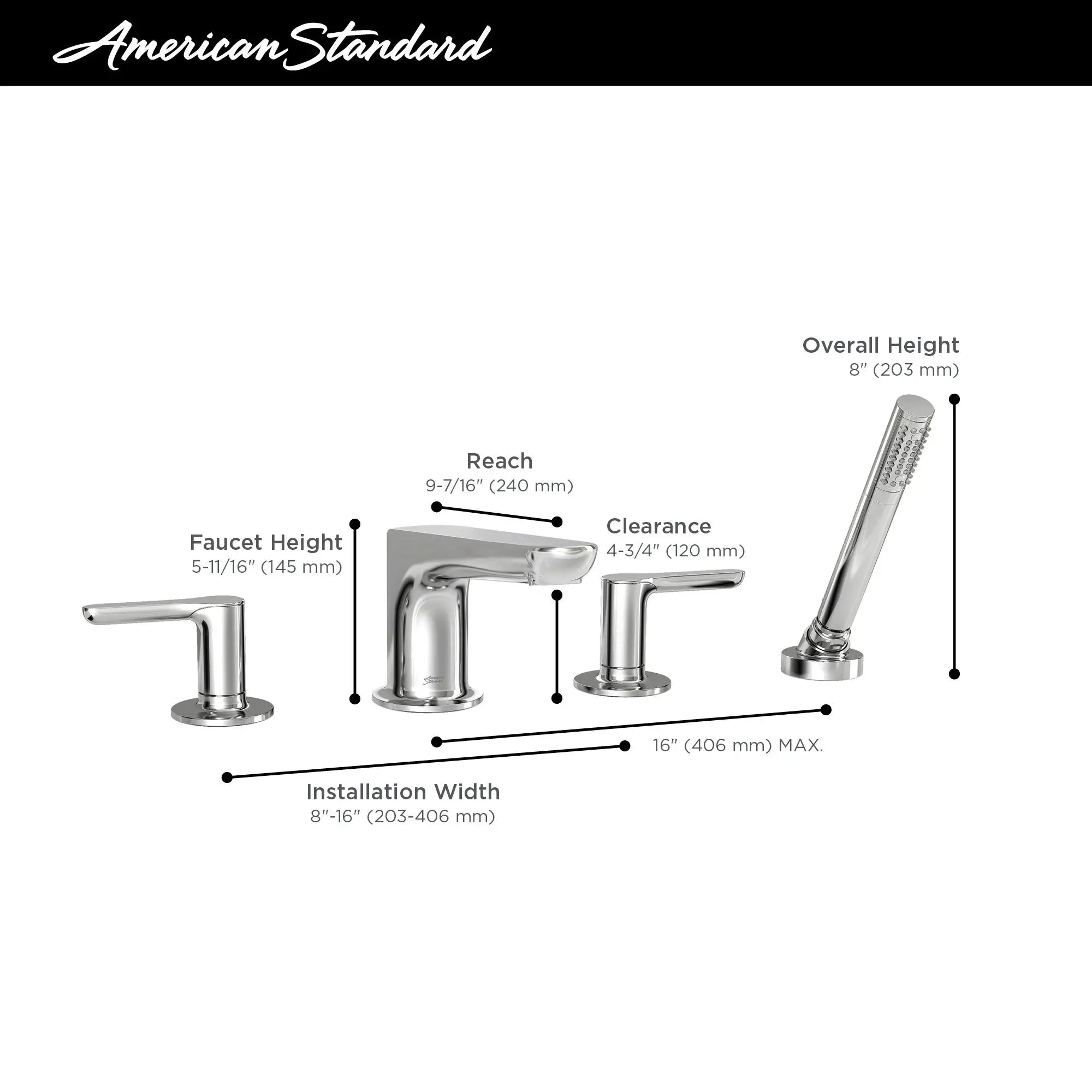 American Standard Studio S  Bathtub Faucet With Lever Handles and Personal Shower for Flash Rough-In Valve T105901.002 - Plumbing Market