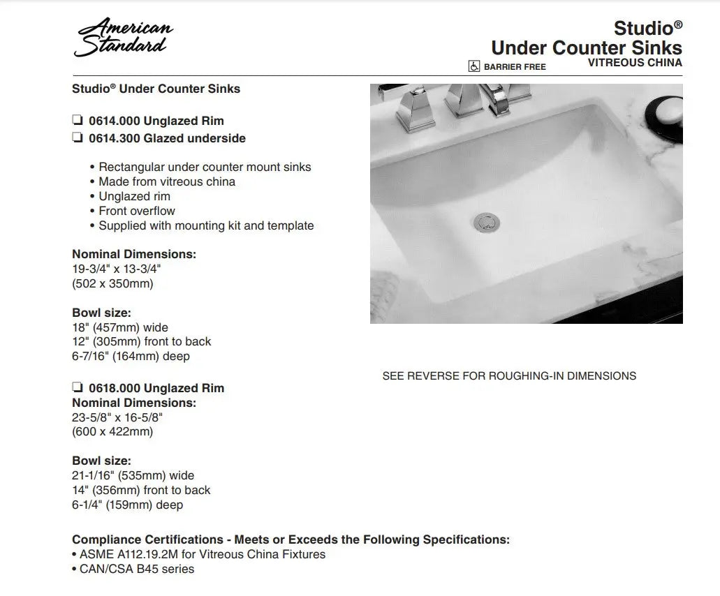 American Standard Studio Under Counter Bathroom Sink - Plumbing Market