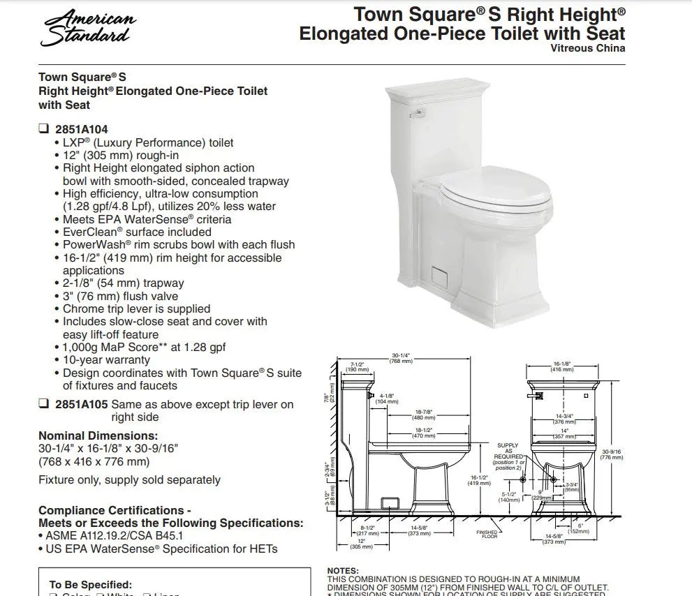 American Standard Town Square S 1.28 Elongated One Piece Toilet With Seat - Plumbing Market
