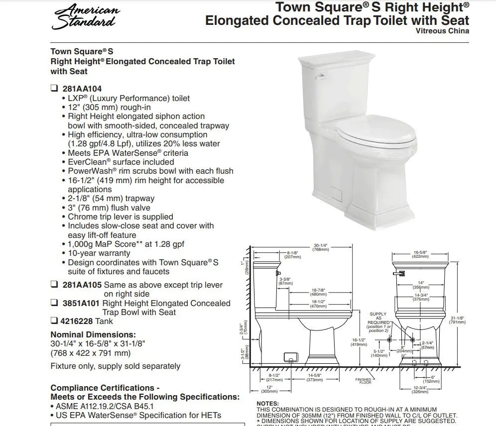 American Standard Town Square Two Piece Elongated Toilet With Seat - Plumbing Market