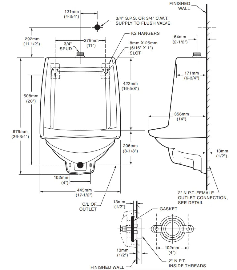American Standard Trimbrook 1.0 gpf/3.8 Lpf Top Spud Siphon Jet Urinal White - Plumbing Market