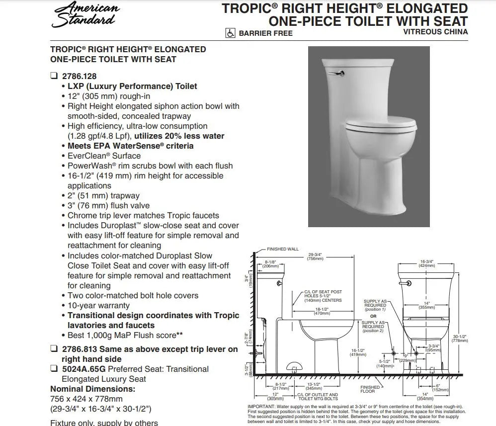 American Standard Tropic 1.28 gpf Chair Height Elongated Toilet With Seat - Plumbing Market