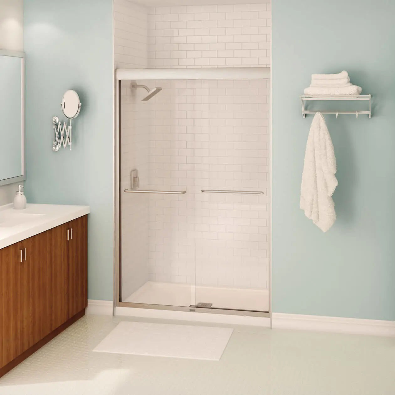 Aura 43-47 x 71 in. 6 mm Bypass Shower Door for Alcove Installation with Clear glass in Brushed Nickel - Plumbing Market