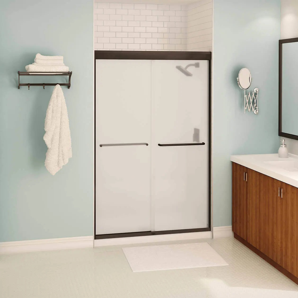 Aura 43-47 x 71 in. 6 mm Bypass Shower Door for Alcove Installation with Frosted glass in Dark Bronze - Plumbing Market