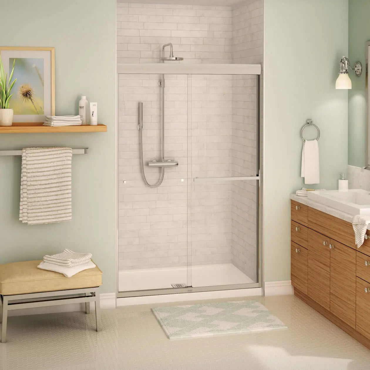 Aura SC 43-47 in. x 71 in. 8 mm Bypass Shower Door for Alcove Installation with Clear glass in Brushed Nickel - Plumbing Market