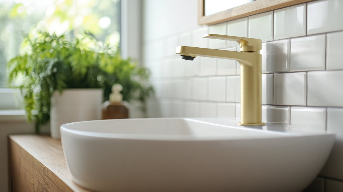 Baril PETITE B04 single-hole lavatory faucet in Satin Brass, installed (Baril lifestyle photo)