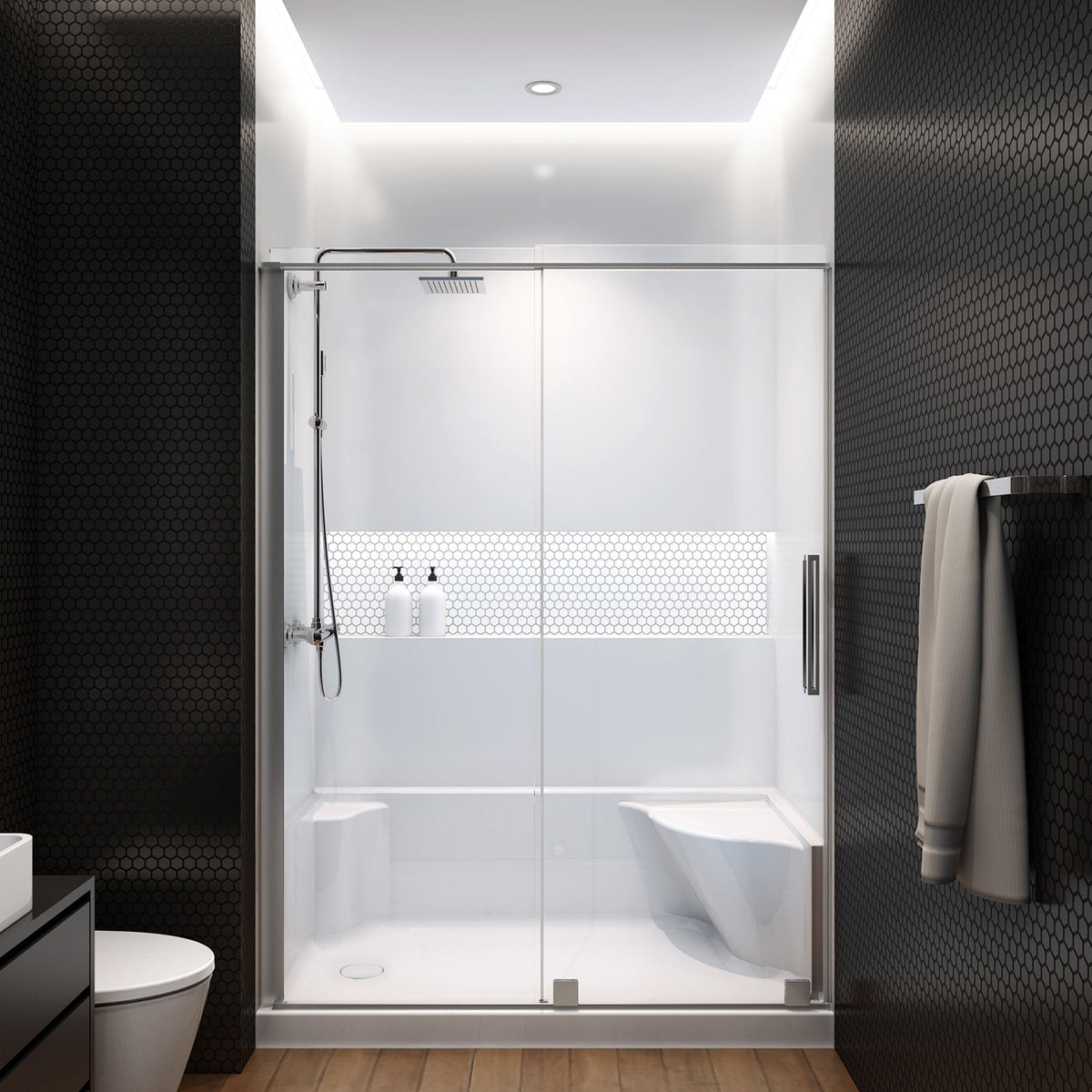Zitta Molded seat shower base, 60" x 32", in alcove with left drain and right seat B6032SREAL1