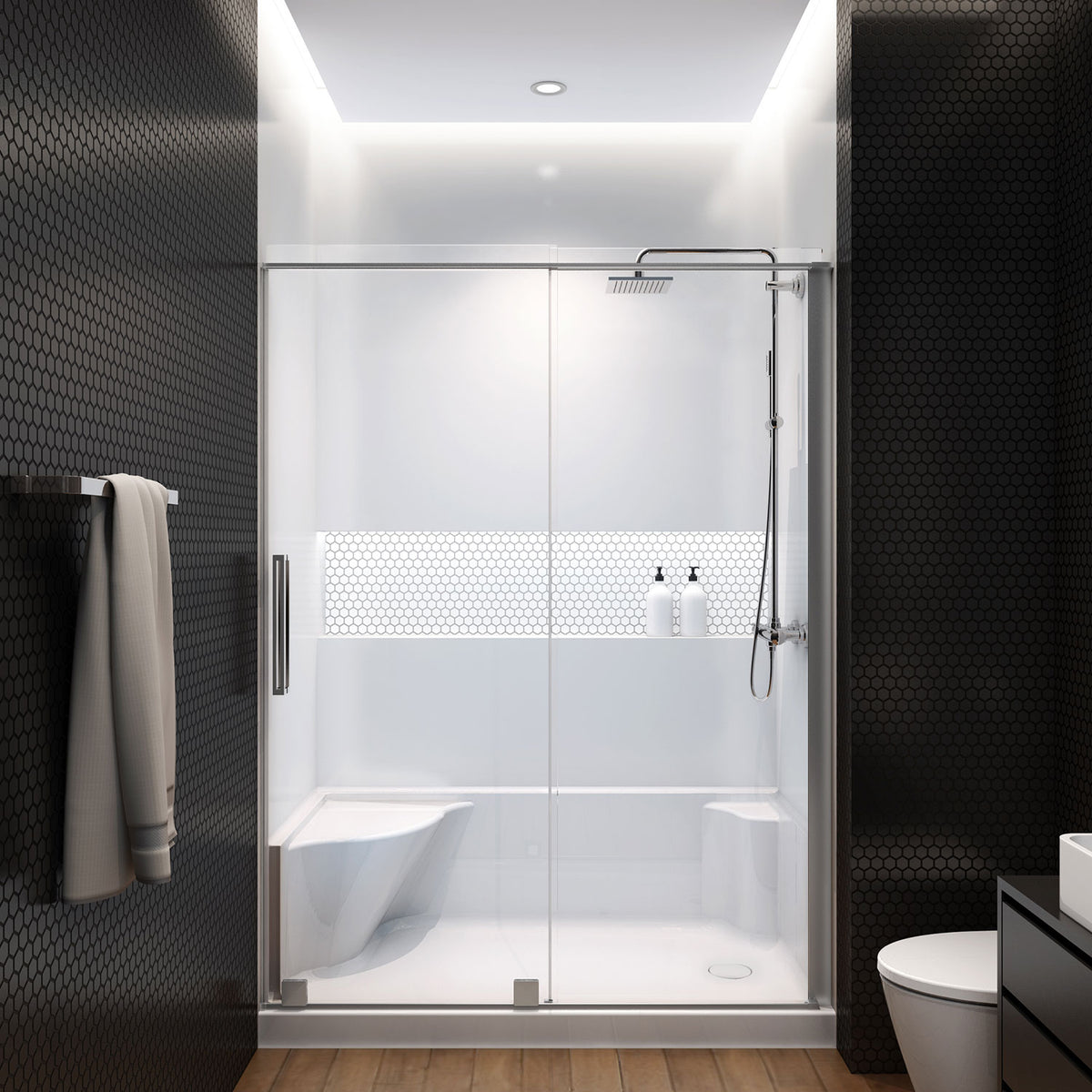 Zitta Molded seat shower base, 60" x 32", in alcove with right drain and left seat B6032SREAR1