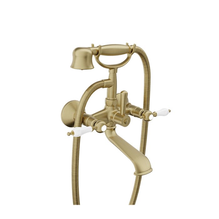 Baril VICTOIRE B74 Wall-Mounted Tub Faucet with Hand Shower B74-1201-01 in Satin Brass / White