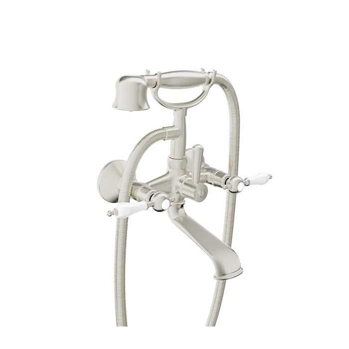 Baril VICTOIRE B74 Wall-Mounted Tub Faucet with Hand Shower B74-1201-01 in Brushed Nickel / White