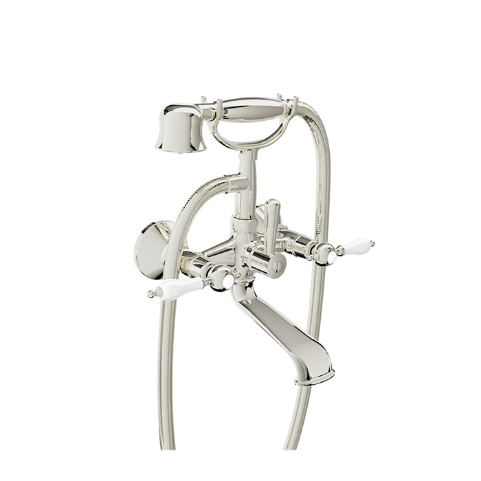 Baril VICTOIRE B74 Wall-Mounted Tub Faucet with Hand Shower B74-1201-01 in Polished Nickel / White