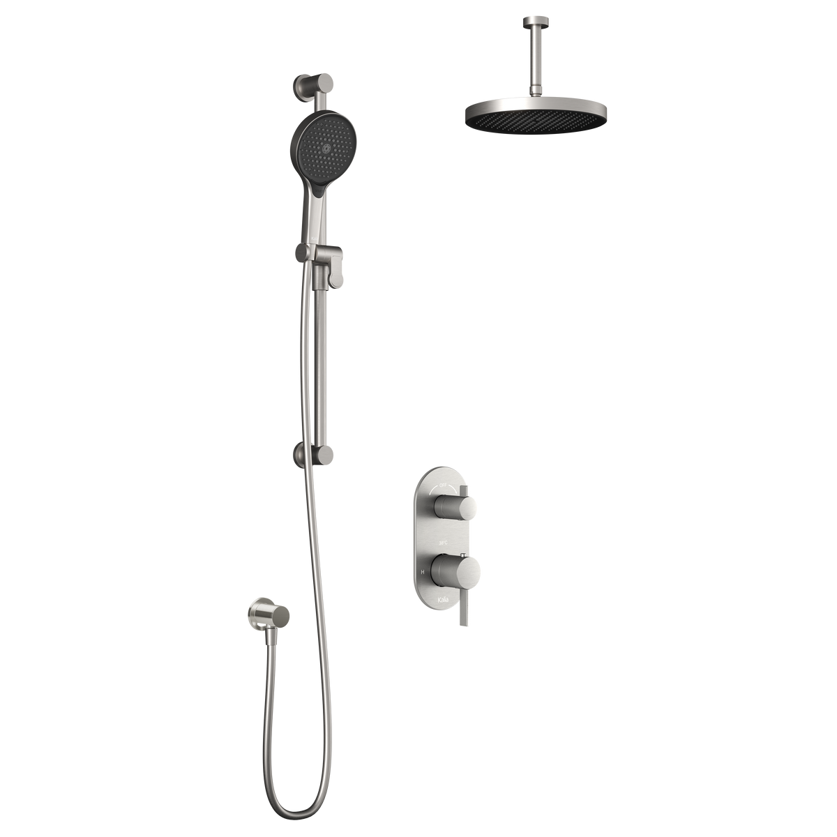 Kalia RoundOne TD2 PLUS (Valve Not Included) : AQUATONIK T/P with Diverter Shower System with Vertical Ceiling Arm Pure Nickel PVD BF1639-125-101