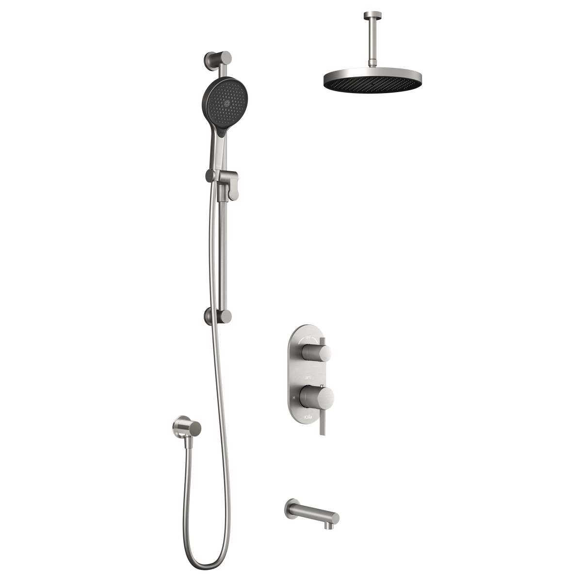 Kalia RoundOne TD3 PLUS (Valve Not Included) : AQUATONIK T/P with Diverter Shower System with Vertical Ceiling Arm Pure Nickel PVD BF1643-125-101