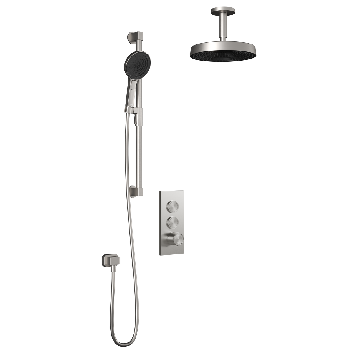 Kalia RoundOne TB2 PREMIA (Valve Not Included) : AQUATONIK T/P Push-Button Shower System with Vertical Ceiling Arm Pure Nickel PVD BF2065-125-201