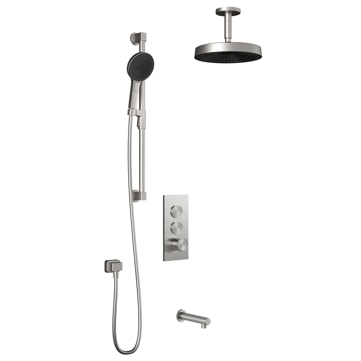 Kalia RoundOne TB3 PREMIA (Valve Not Included) : AQUATONIK T/P Push-Button Shower System with Vertical Ceiling Arm Pure Nickel PVD BF2067-125-201