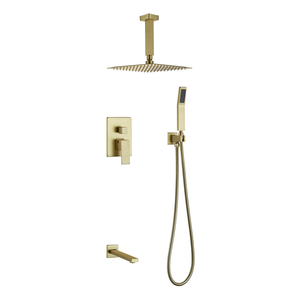 Kube Bath Aqua Piazza Brass Shower Set with 8" Ceiling Mount Square Rain Shower, Handheld and Tub Filler - Brushed Gold (BG-CR200HHTF3V)