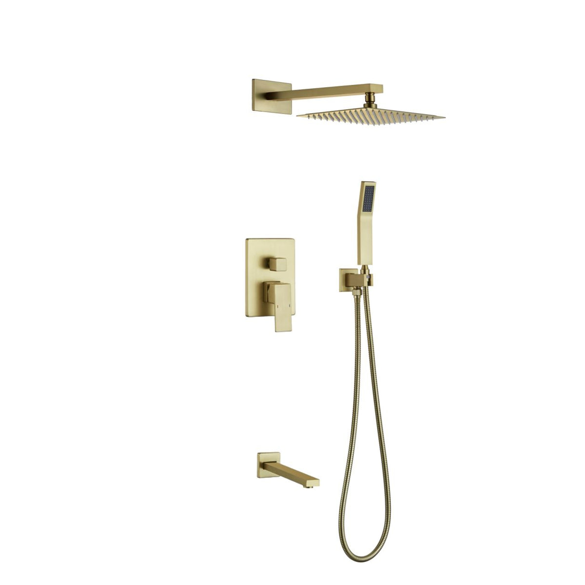 Kube Bath Aqua Piazza Brass Shower Set with 8" Square Rain Shower, Tub Filler and Handheld - Brushed Gold (BG-WR200TFHH3V)