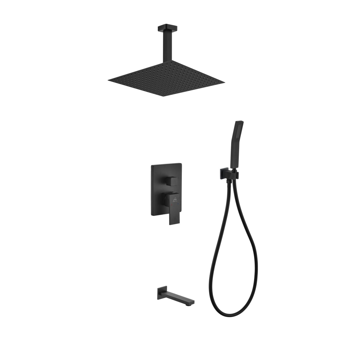 Kube Bath Aqua Piazza Brass Shower Set with 12" Ceiling Mount Square Rain Shower, Handheld and Tub Filler - Black (BK-CR300HHTF3V)