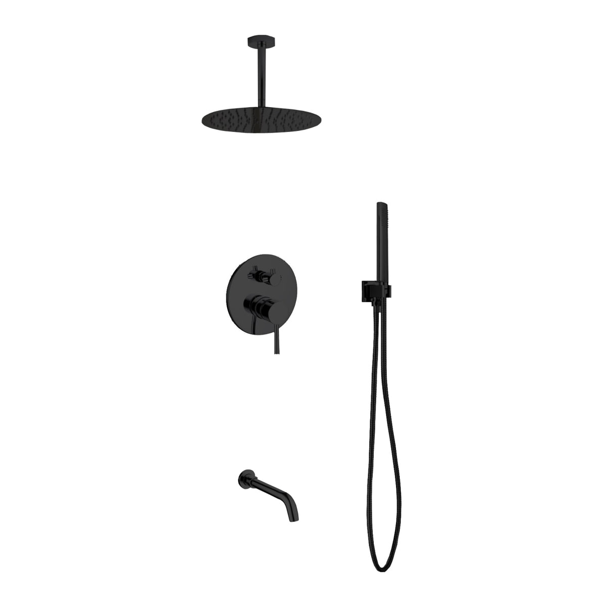 Kube Bath Aqua Rondo Shower Set w/ Ceiling Mount 12" Rain Shower, Handheld and Tub Filler - Black (BK-RCR12HHTF3V)
