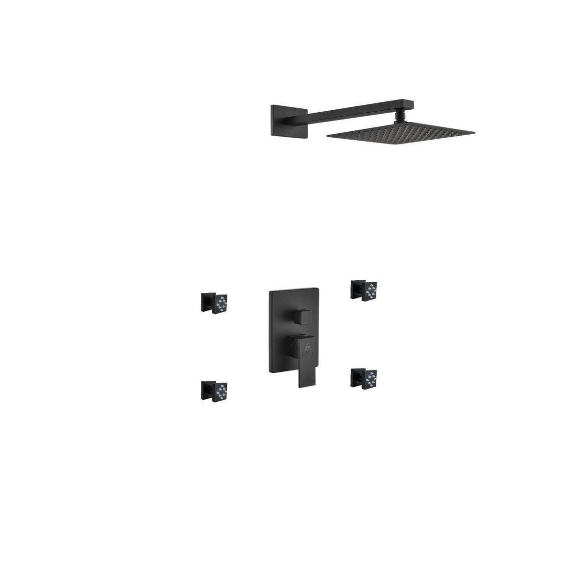 Kube Bath Aqua Piazza Brass Shower Set with 8" Square Rain Shower and 4 Body Jets - Black (BK-WR2004J2V)