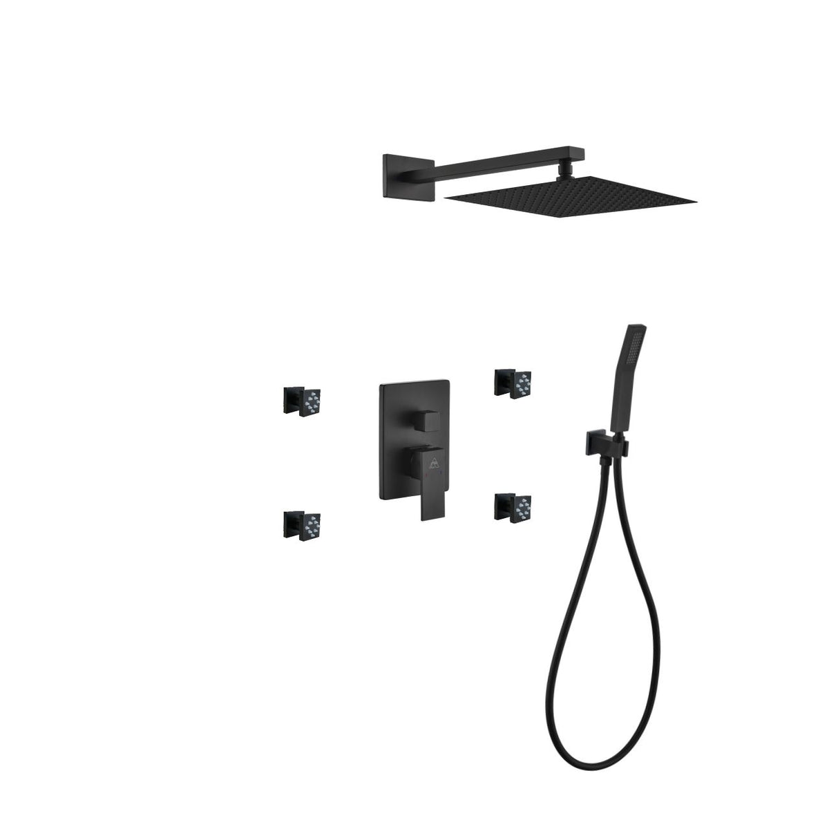 Kube Bath Aqua Piazza Brass Shower Set with 12" Square Rain Shower, Handheld and 4 Body Jets - Black (BK-WR3004JHH3V)