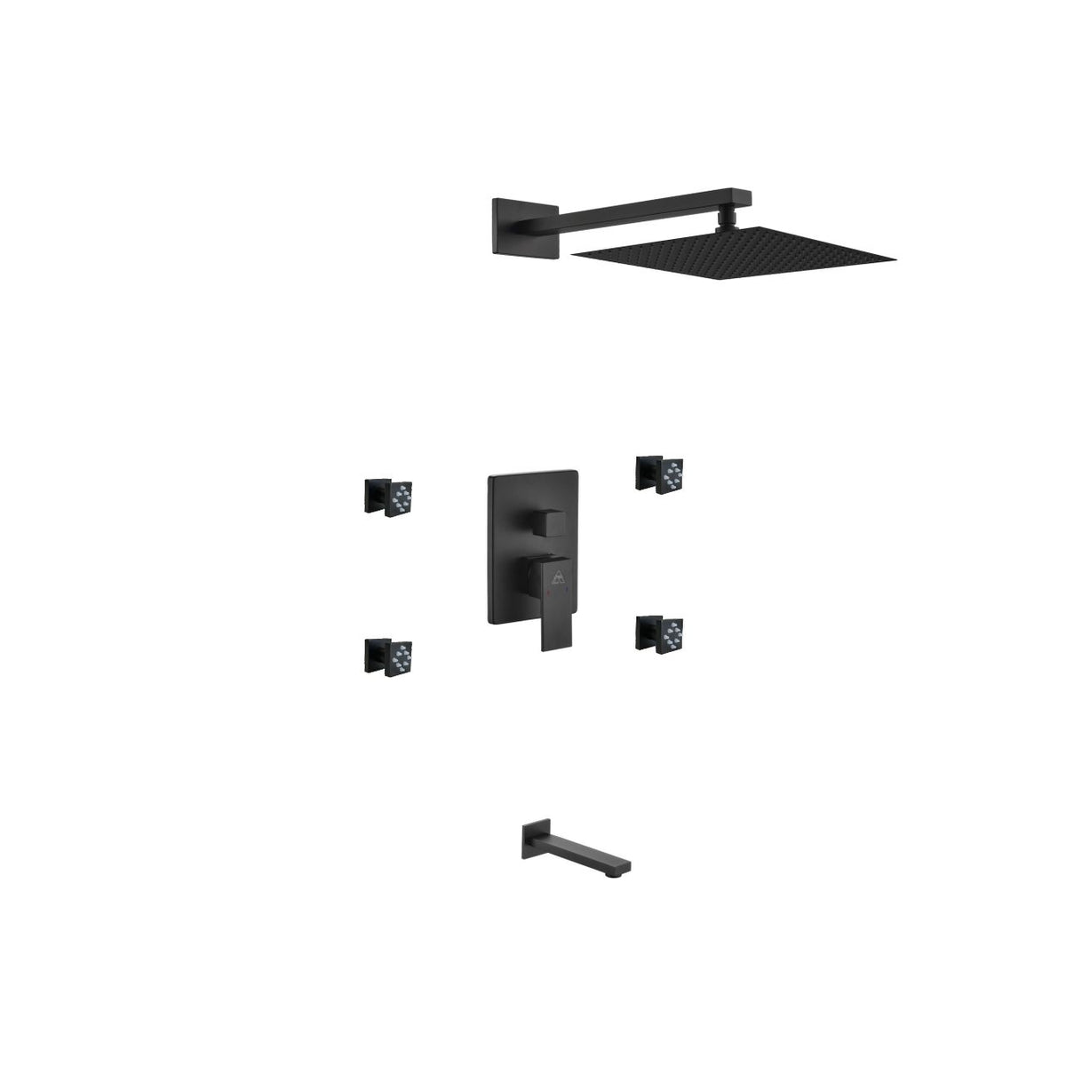 Kube Bath Aqua Piazza Brass Shower Set with 12" Square Rain Shower, Tub Filler and 4 Body Jets - Black (BK-WR3004JTF3V)