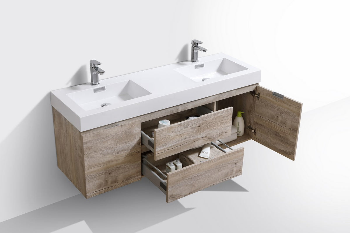 Kube Bath Bliss 60" Double Sink Wall Mount Modern Bathroom Vanity - Nature Wood (BSL60D-NW) view 4
