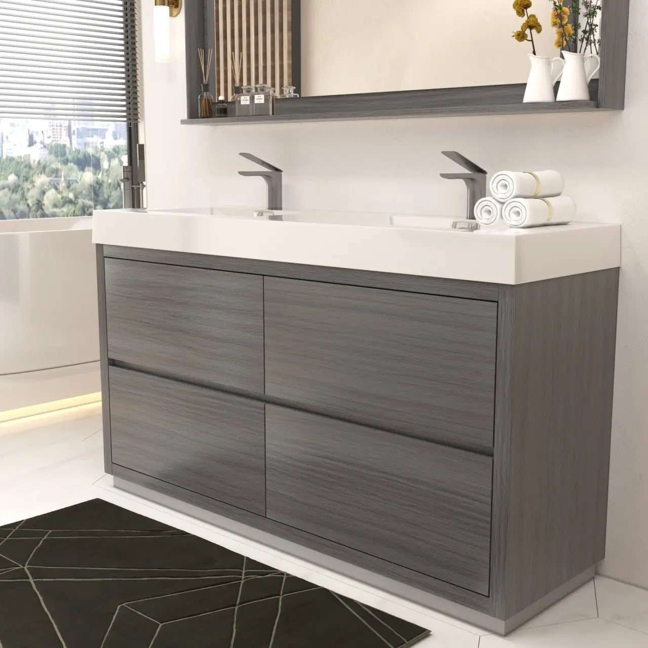 Bliss 60″ Double Sink Vulcan Ash Grey Free Standing Modern Bathroom Vanity - Plumbing Market