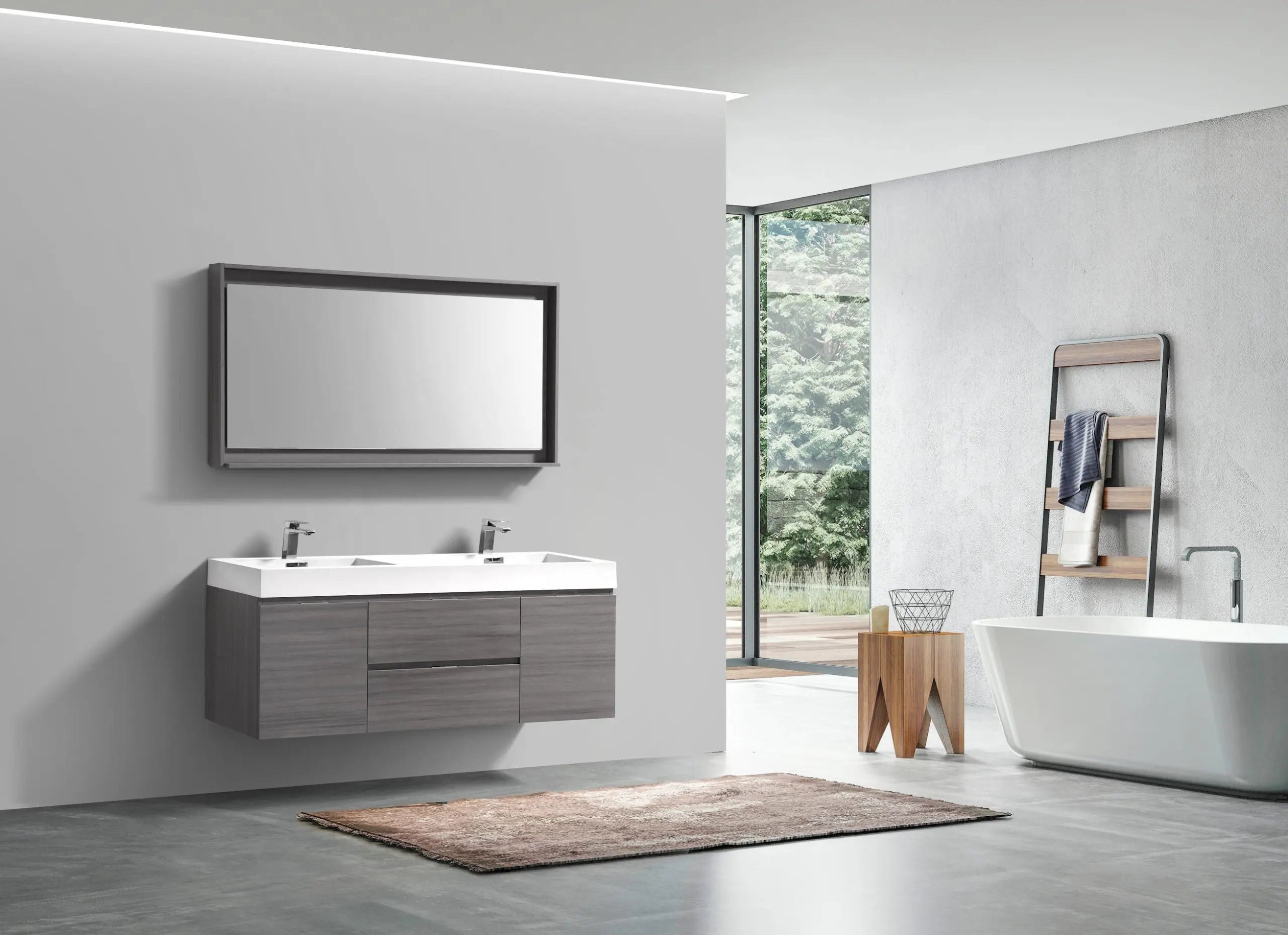 Bliss 60″ Vulcan Ash Grey Wall Mount Double Sink Modern Bathroom Vanity - Plumbing Market